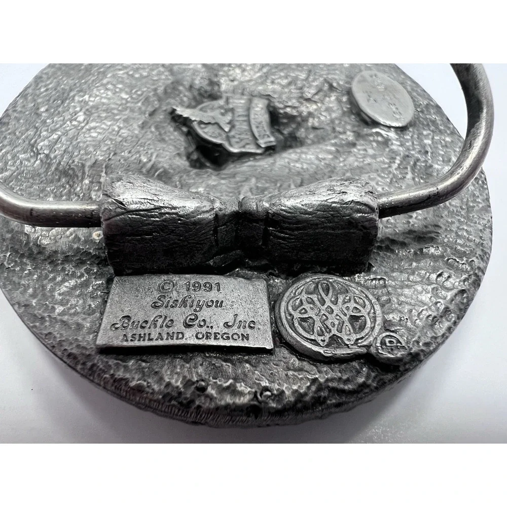 Siskiyou Vintage 1991 Pewter & Enamel Buffalo Skull Feathers Floral Belt Buckle